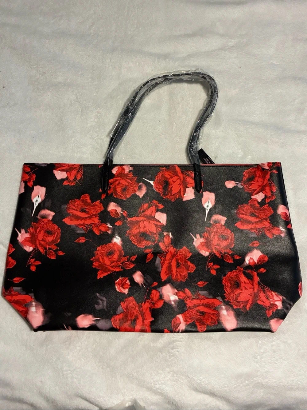 Victoria's Secret Black Red Rose Floral Large Tote Bag NWT